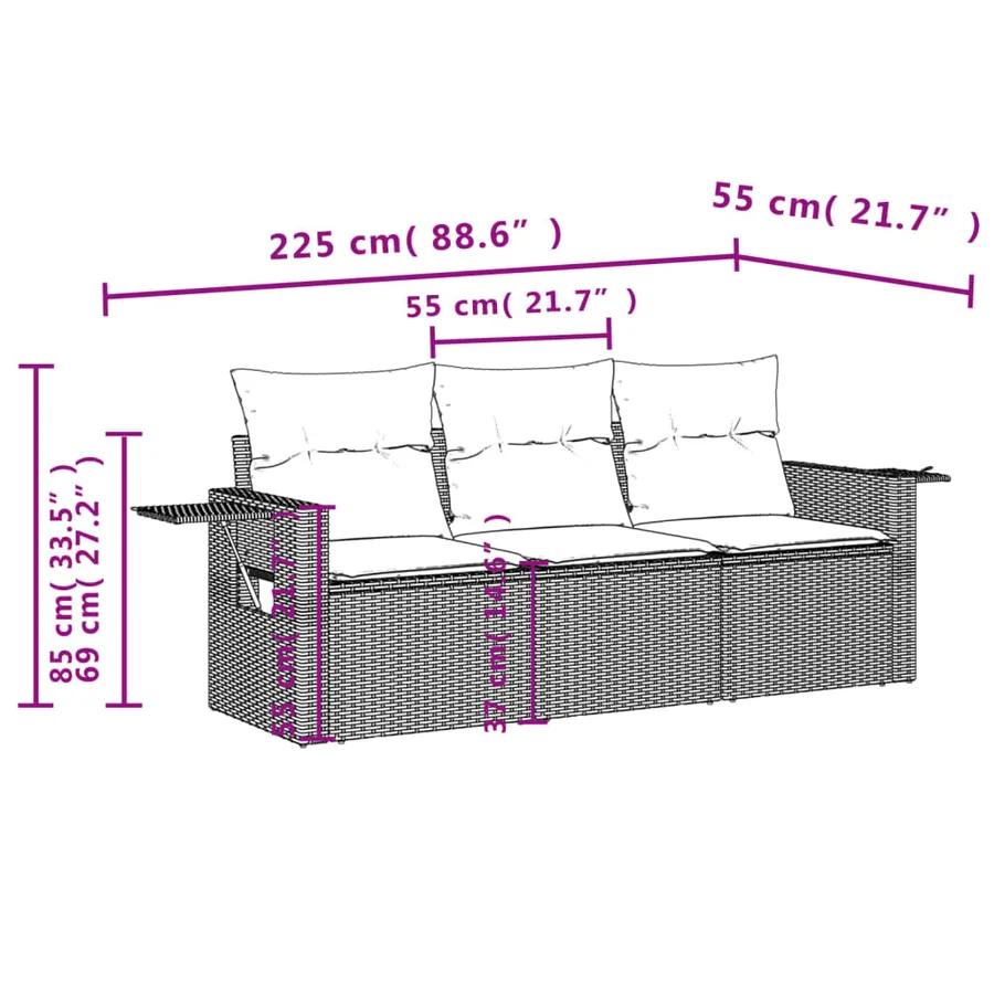 Salon de jardin 3 pcs avec coussins noir résine tressée - 7