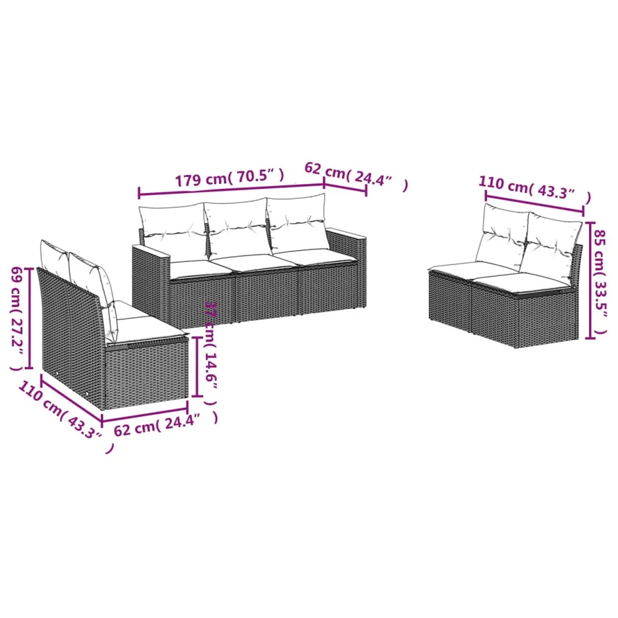 Salon de jardin 7 pcs avec coussins noir résine tressée 55 x 62 x 69 cm - 53,6 kg - 6