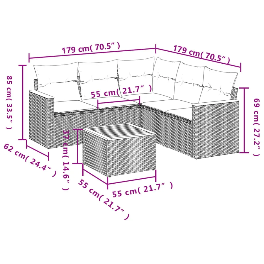 Salon de jardin 6 pcs avec coussins noir résine tressée - 8