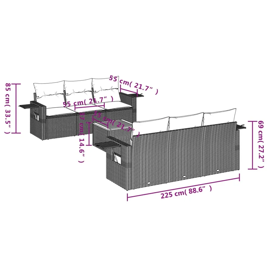 Salon de jardin 7 pcs avec coussins noir résine tressée 55 x 62 x 69 cm - 59,2 kg - 8