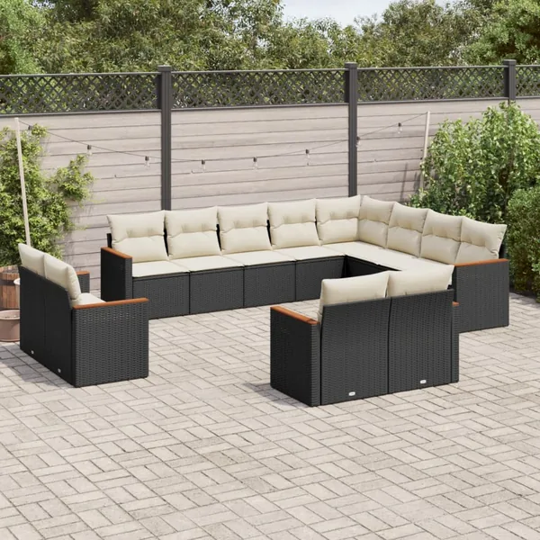 Salon de jardin 12 pcs avec coussins noir résine tressée