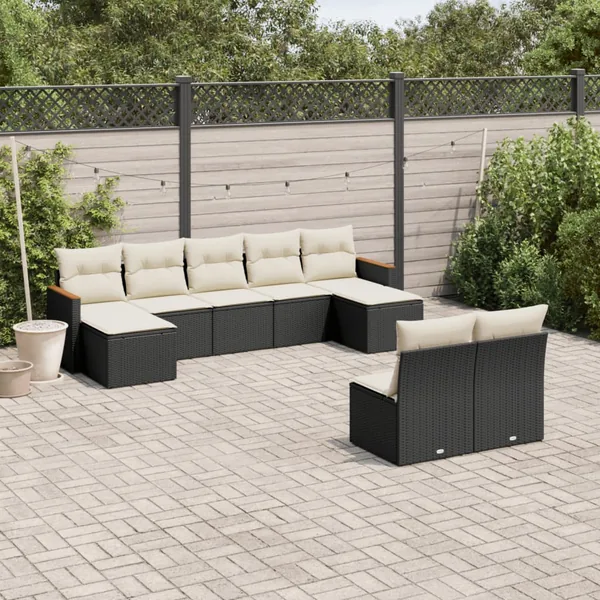 Salon de jardin 9 pcs avec coussins noir résine tressée