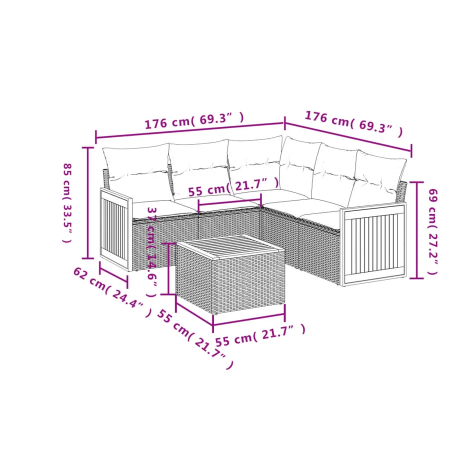 Salon de jardin 6 pcs avec coussins noir résine tressée - 8