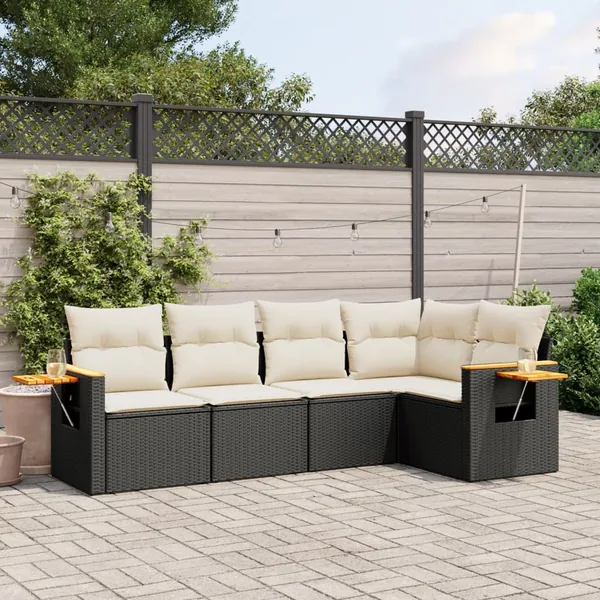 Salon de jardin 5 pcs avec coussins noir résine tressée