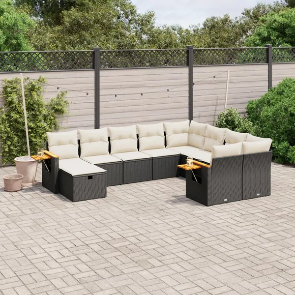 Salon de jardin 10 pcs avec coussins noir résine tressée