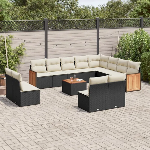 Salon de jardin avec coussins 13 pcs noir résine tressée