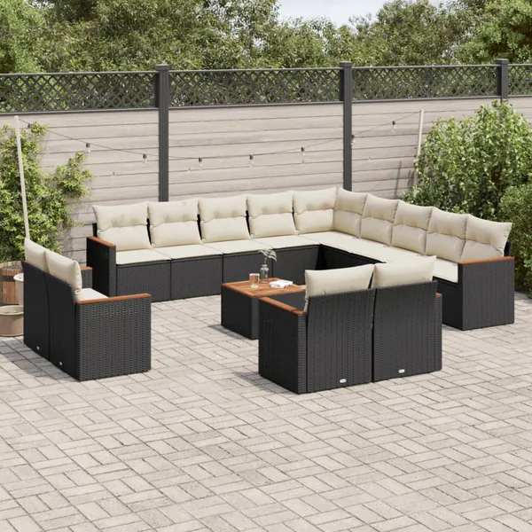 Salon de jardin avec coussins 14 pcs noir résine tressée