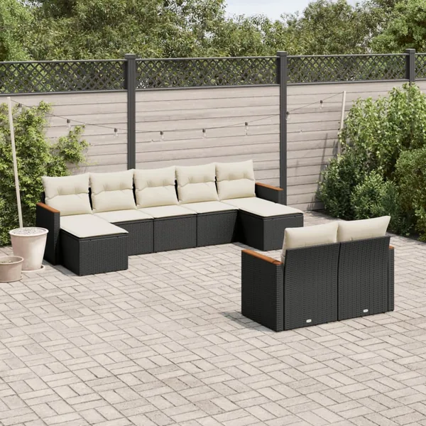 Salon de jardin 9 pcs avec coussins noir résine tressée