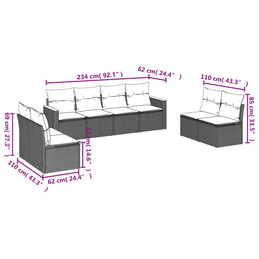 Salon de jardin 8 pcs avec coussins noir résine tressée - 6