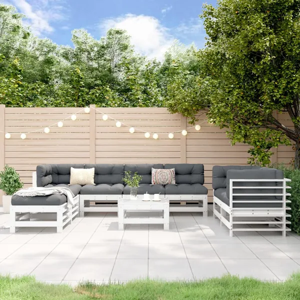 Salon de jardin 9 pcs Blanc Bois de pin massif