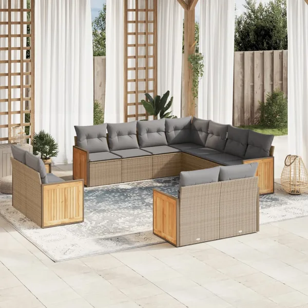 Salon de jardin 11 pcs avec coussins beige résine tressée