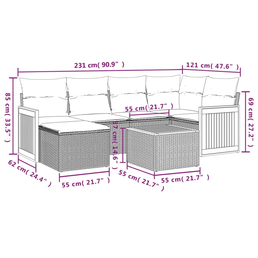 Salon de jardin avec coussins 7 pcs beige résine tressée - 9