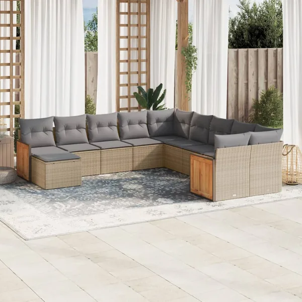 Salon de jardin 11 pcs avec coussins beige résine tressée