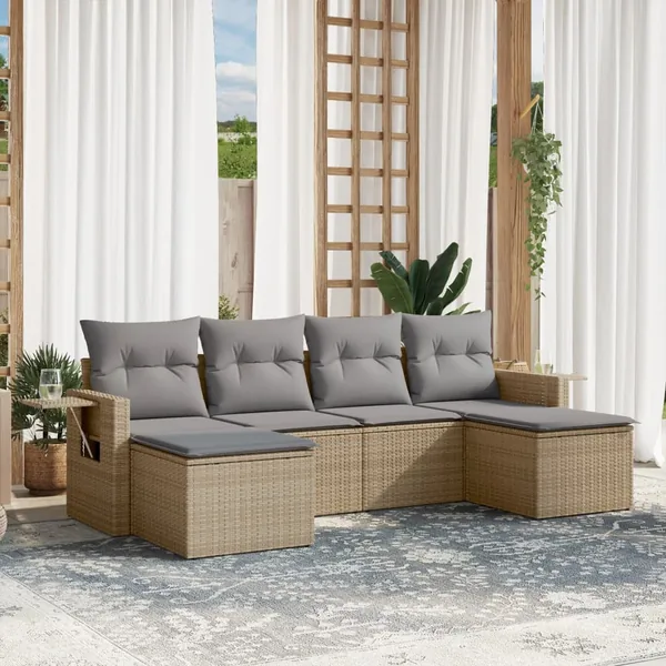 Salon de jardin avec coussins 6 pcs beige résine tressée