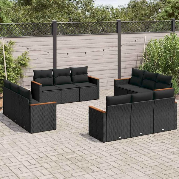 Salon de jardin 12 pcs avec coussins noir résine tressée