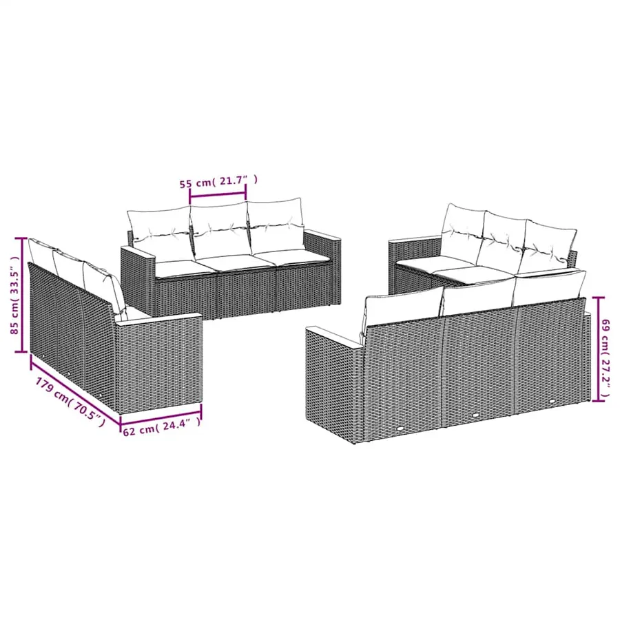 Salon de jardin 12 pcs avec coussins noir résine tressée - 3
