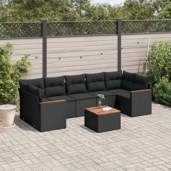 Salon de jardin 8 pcs avec coussins noir résine tressée
