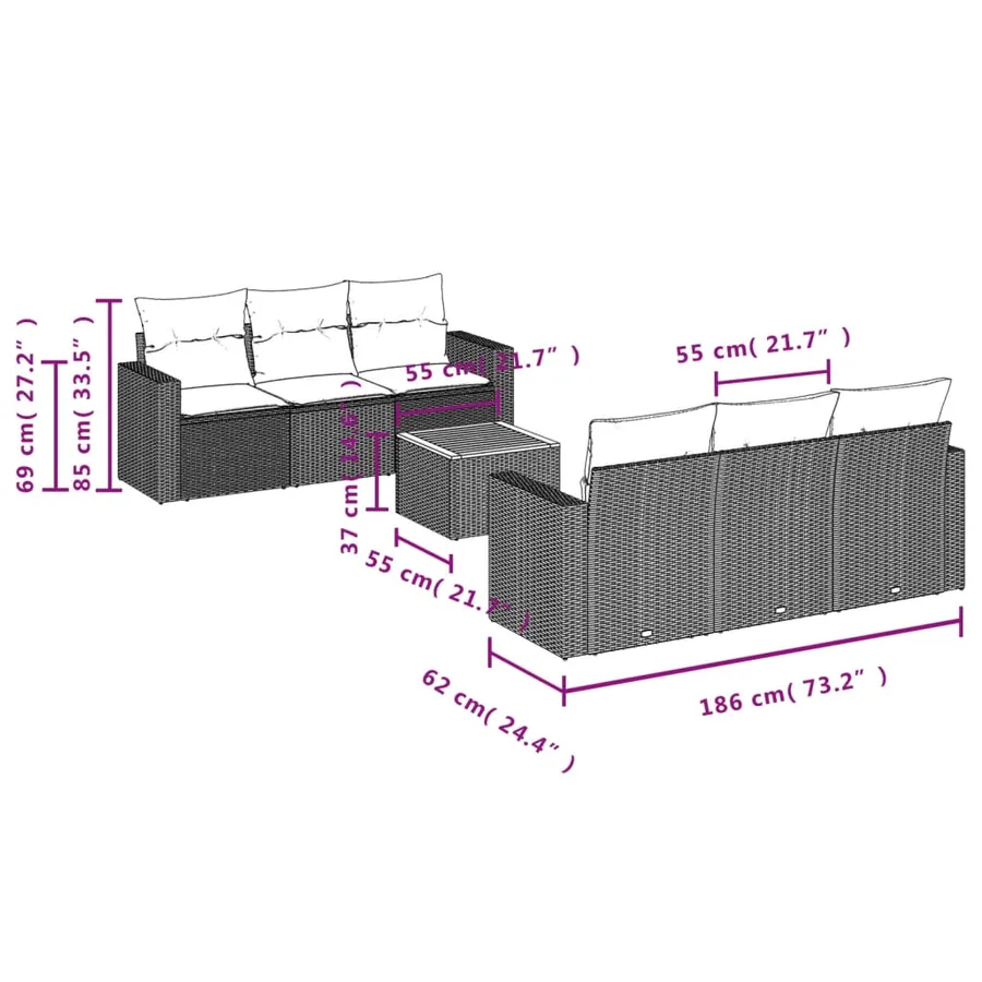 Salon de jardin 7 pcs avec coussins noir résine tressée 65,5 x 62 x 69 cm - 57,0 kg - 3