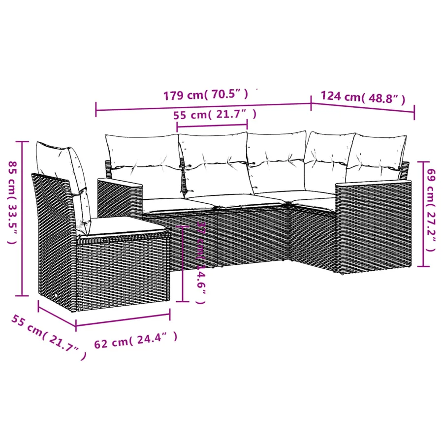 Salon de jardin 5 pcs avec coussins noir résine tressée - 7