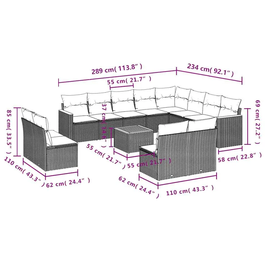 Salon de jardin avec coussins 13 pcs noir résine tressée - 8