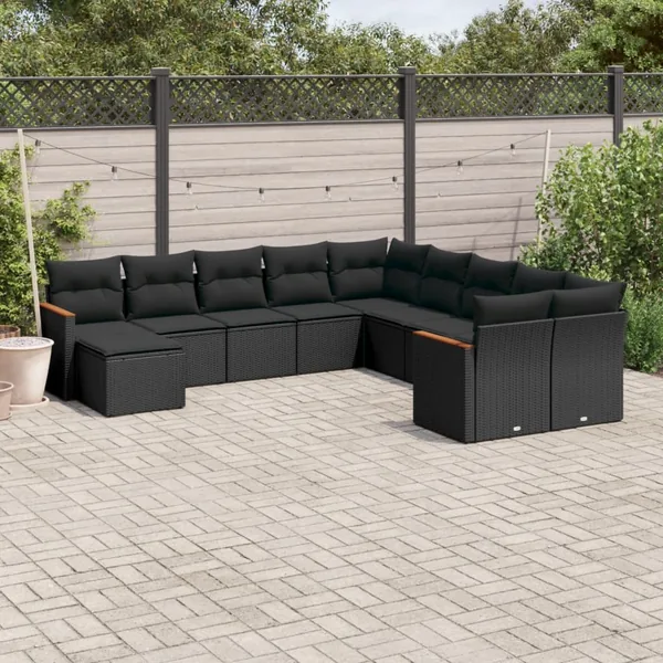 Salon de jardin 11 pcs avec coussins noir résine tressée