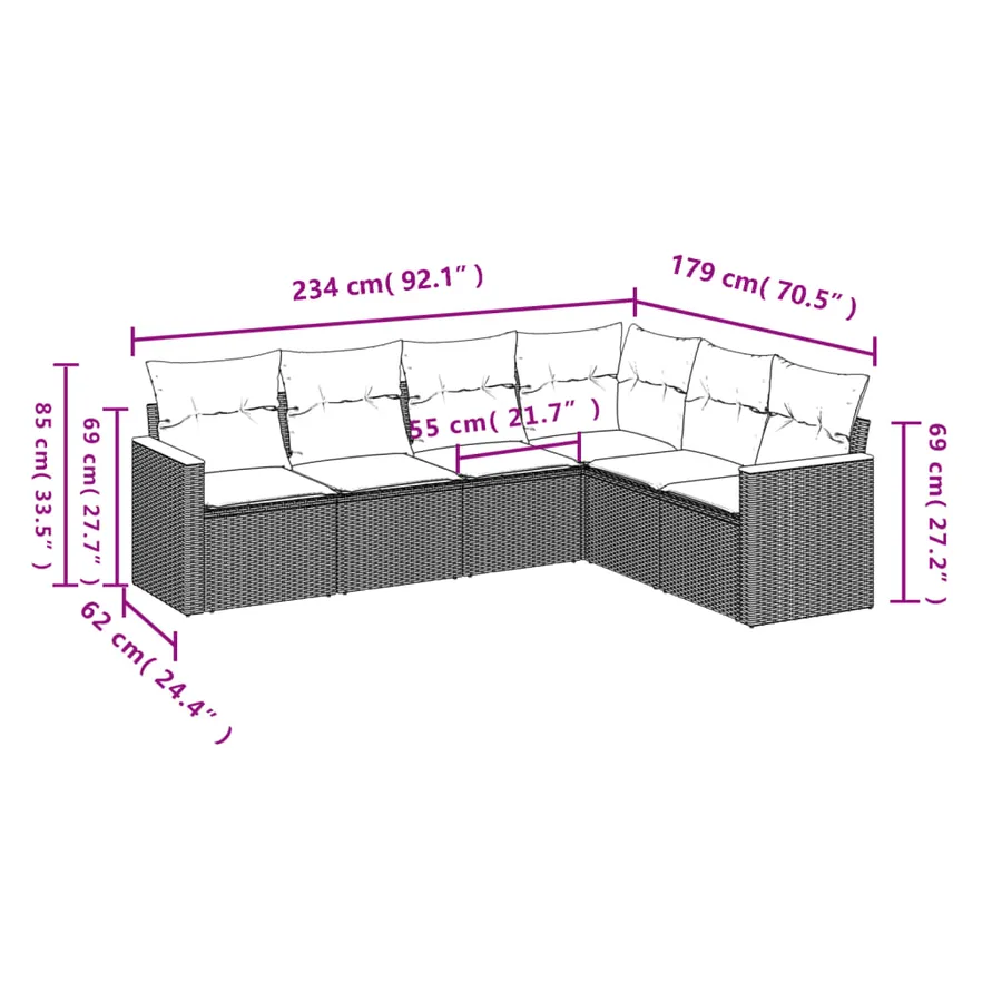 Salon de jardin 6 pcs avec coussins noir résine tressée - 7
