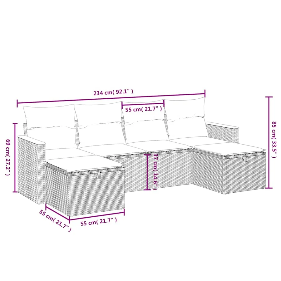 Salon de jardin 6 pcs avec coussins noir résine tressée - 3