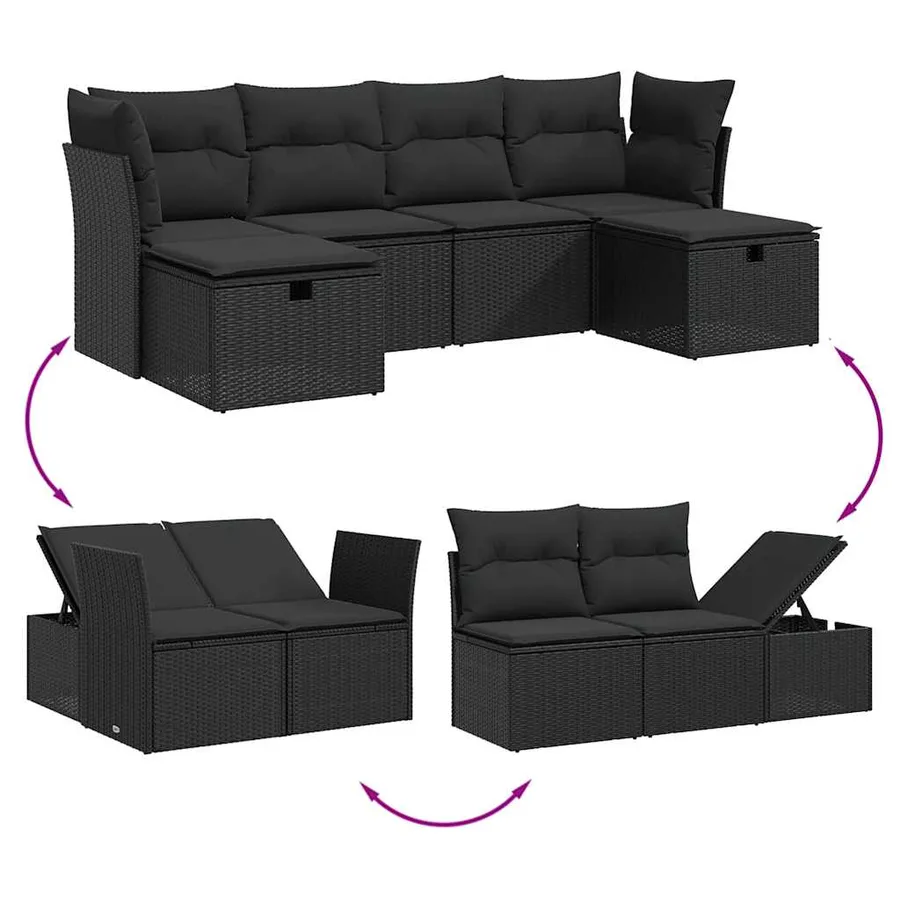 Salon de jardin 6 pcs avec coussins noir résine tressée - 4