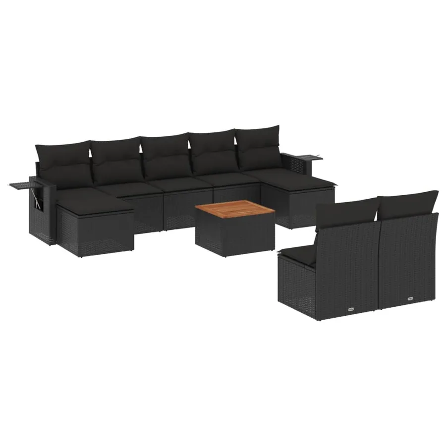 Salon de jardin 10 pcs avec coussins noir résine tressée - 2