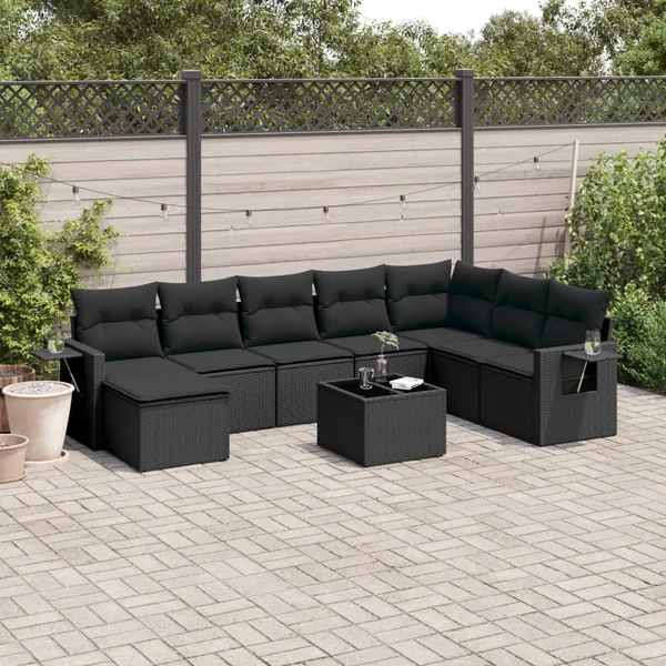 Salon de jardin 9 pcs avec coussins noir résine tressée