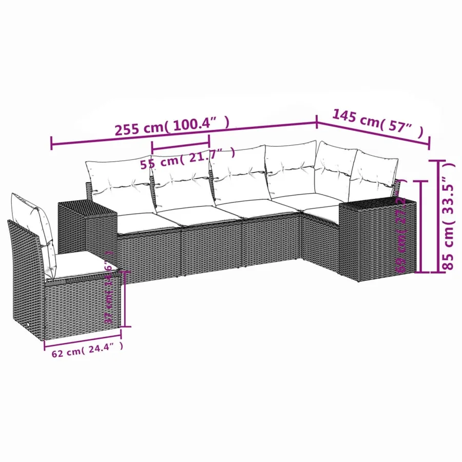 Salon de jardin 6 pcs avec coussins noir résine tressée - 7