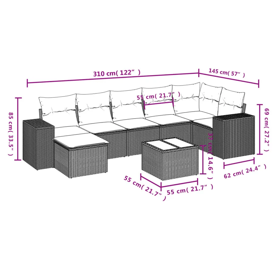 Salon de jardin 8 pcs avec coussins noir résine tressée - 8