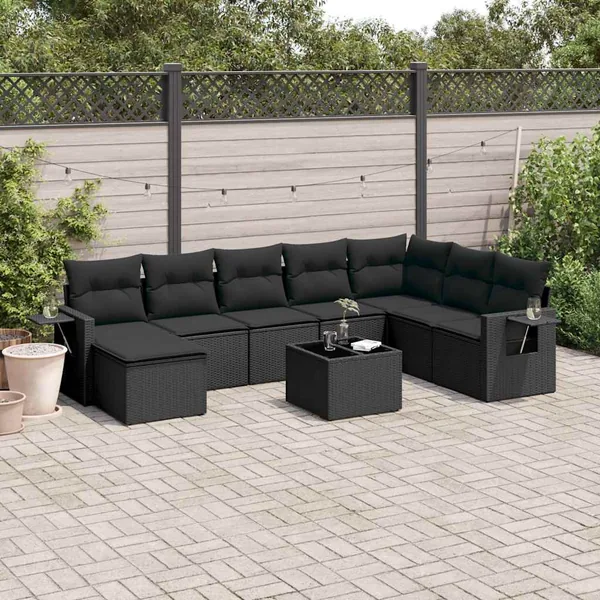 Salon de jardin 9 pcs avec coussins noir résine tressée