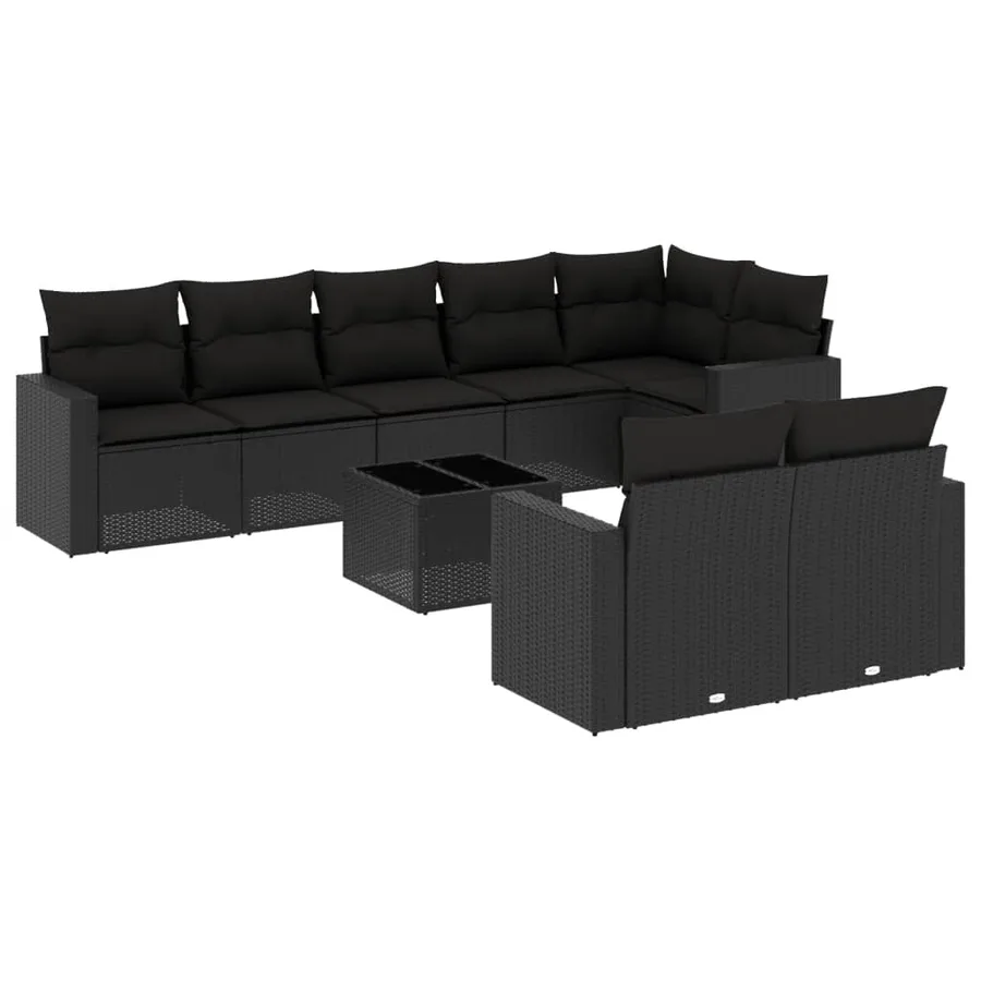 Salon de jardin 9 pcs avec coussins noir résine tressée - 2