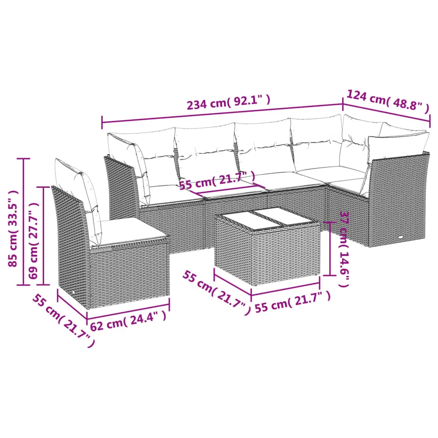 Salon de jardin 7 pcs avec coussins noir résine tressée 62 x 62 x 69 cm - 61,4 kg - 3