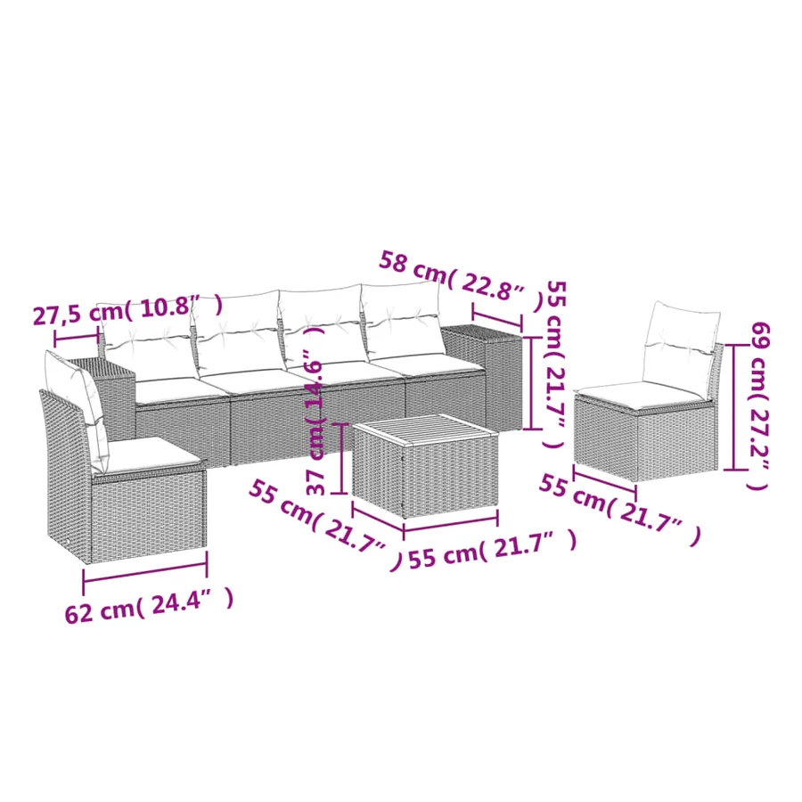 Salon de jardin 7 pcs avec coussins noir résine tressée 55 x 62 x 69 cm - 55,4 kg - 3