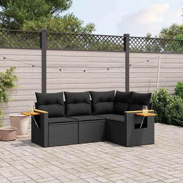 Salon de jardin 4 pcs avec coussins noir résine tressée