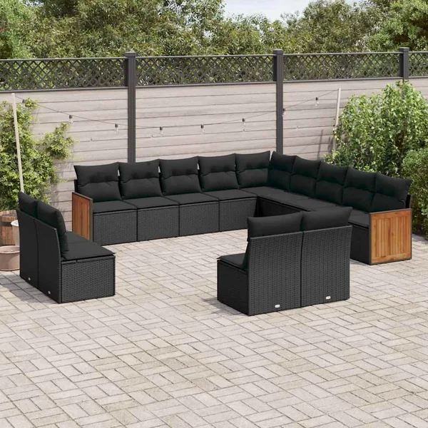 Salon de jardin avec coussins 13 pcs noir résine tressée