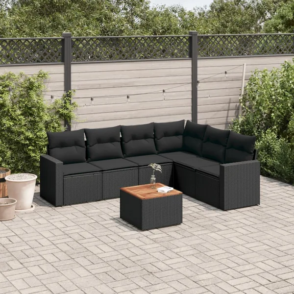 Salon de jardin 7 pcs avec coussins noir résine tressée 62 x 62 x 69 cm - 59,2 kg