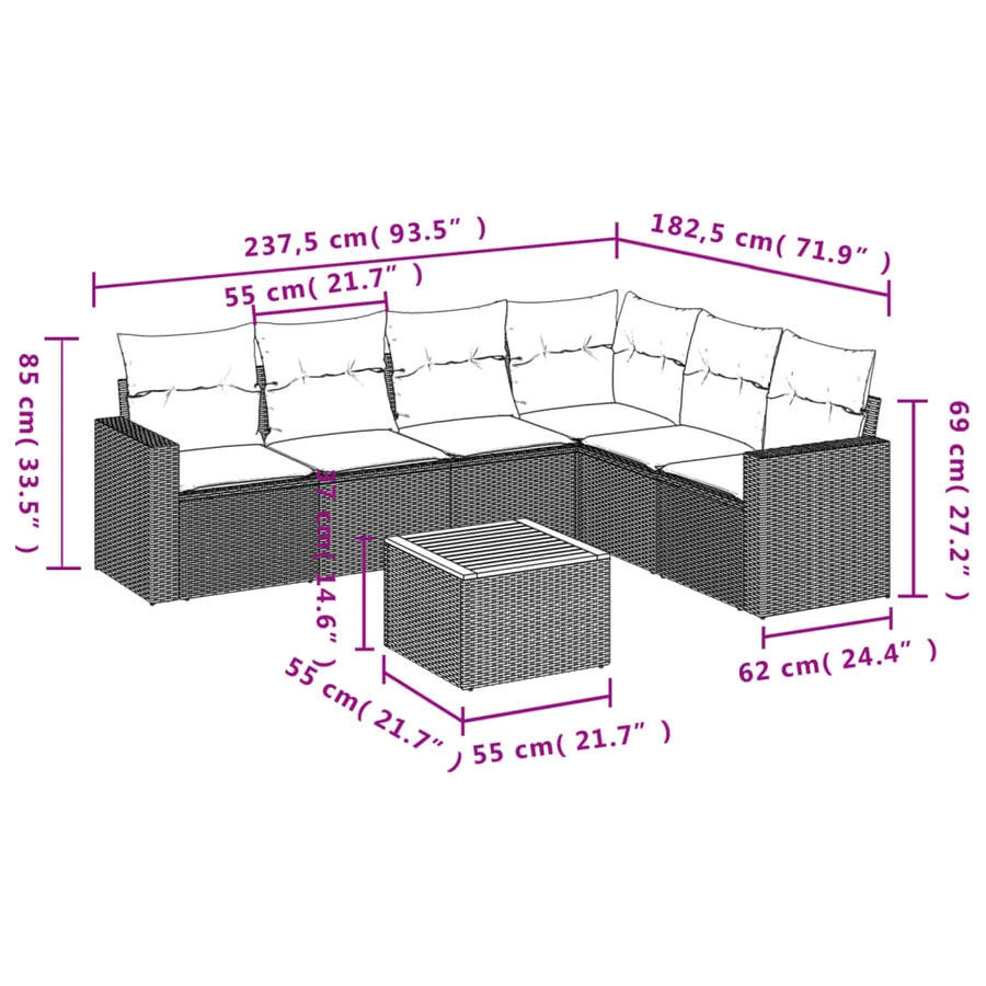 Salon de jardin 7 pcs avec coussins noir résine tressée 62 x 62 x 69 cm - 59,2 kg - 12