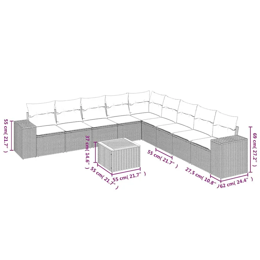 Salon de jardin 10 pcs avec coussins noir résine tressée - 3