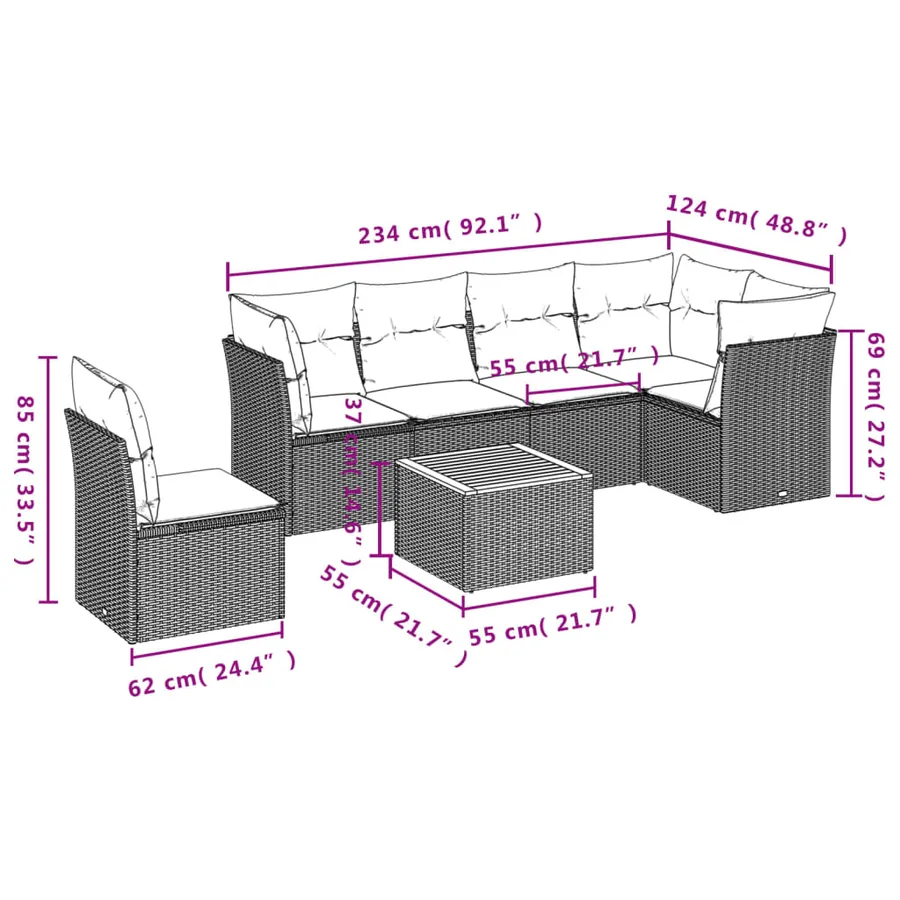 Salon de jardin 7 pcs avec coussins noir résine tressée 62 x 62 x 69 cm - 60,6 kg - 10