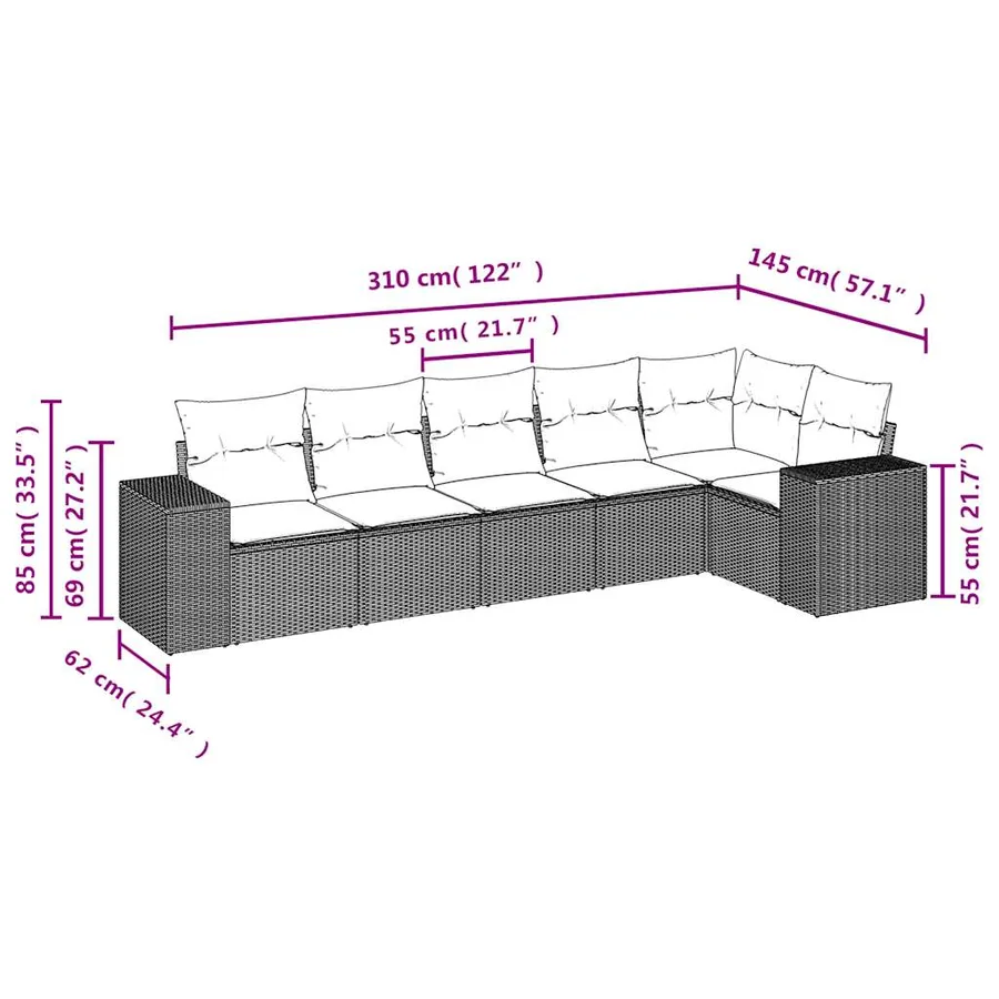 Salon de jardin 6 pcs avec coussins gris résine tressée - 7