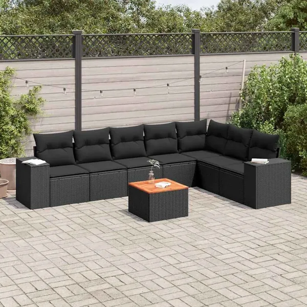 Salon de jardin 8 pcs avec coussins noir résine tressée