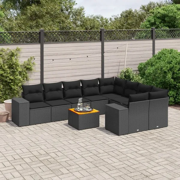 Salon de jardin 10 pcs avec coussins noir résine tressée