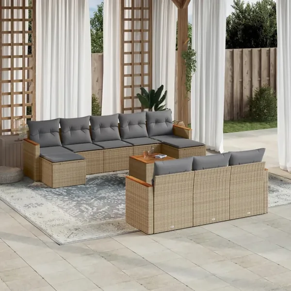 Salon de jardin et coussins 11 pcs mélange beige résine tressée