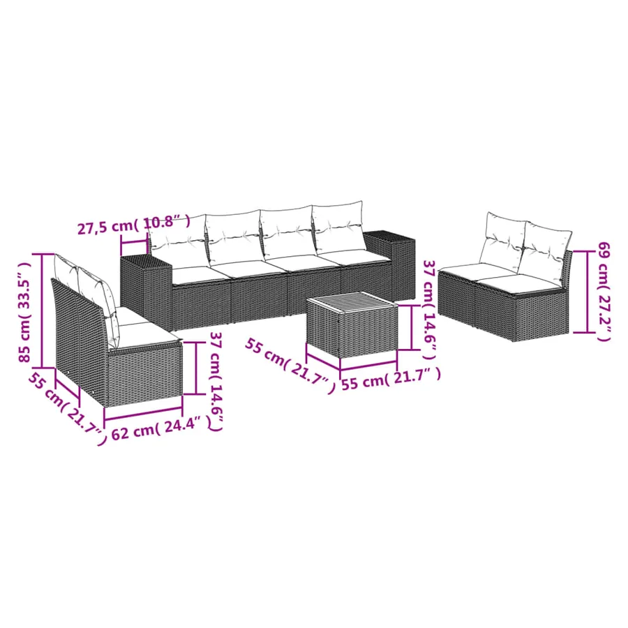 Salon de jardin avec coussins 9 pcs beige résine tressée - 3