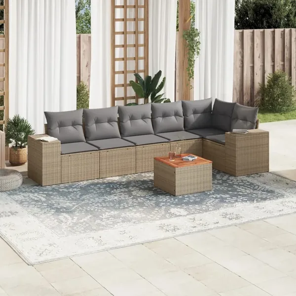 Salon de jardin avec coussins 7 pcs beige résine tressée
