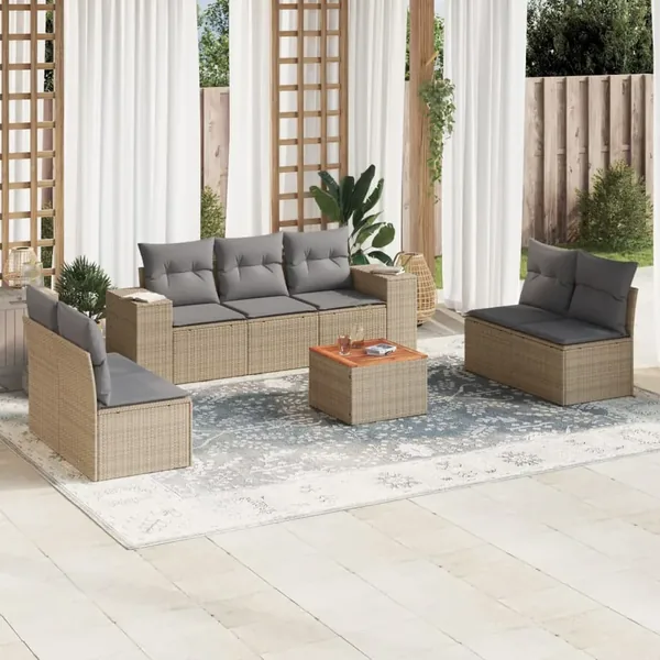 Salon de jardin avec coussins 8 pcs beige résine tressée