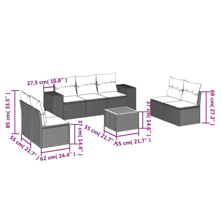 Salon de jardin avec coussins 8 pcs beige résine tressée - 3